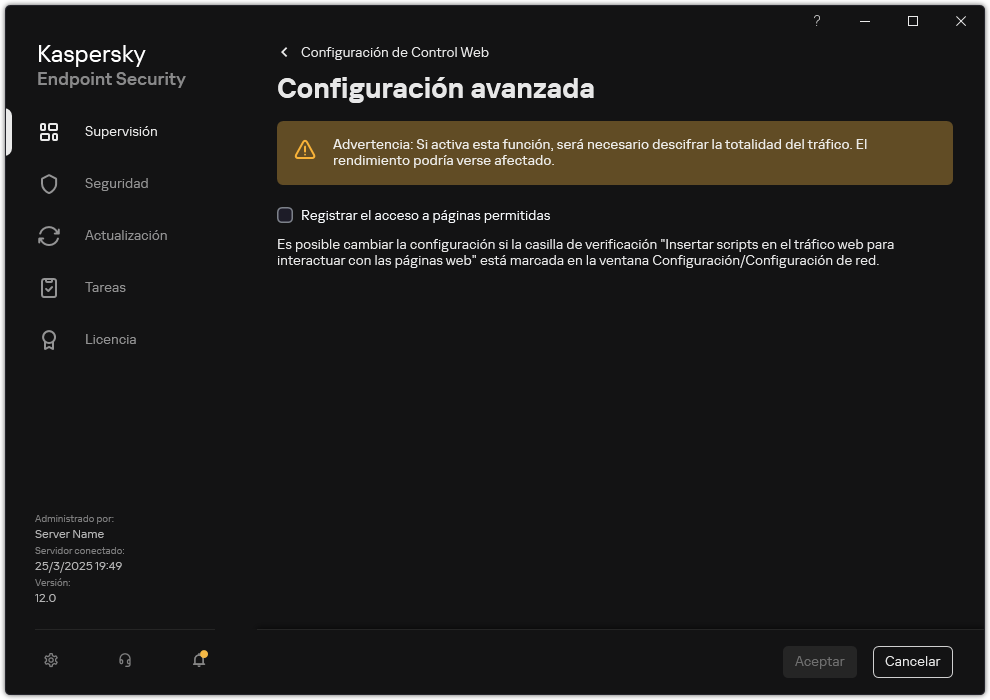Ventana de configuración avanzada de Control Web.