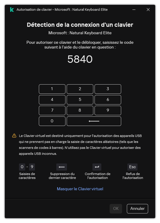 La fenêtre avec le code d'autorisation du clavier et le clavier virtuel. L'utilisateur peut saisir le code.