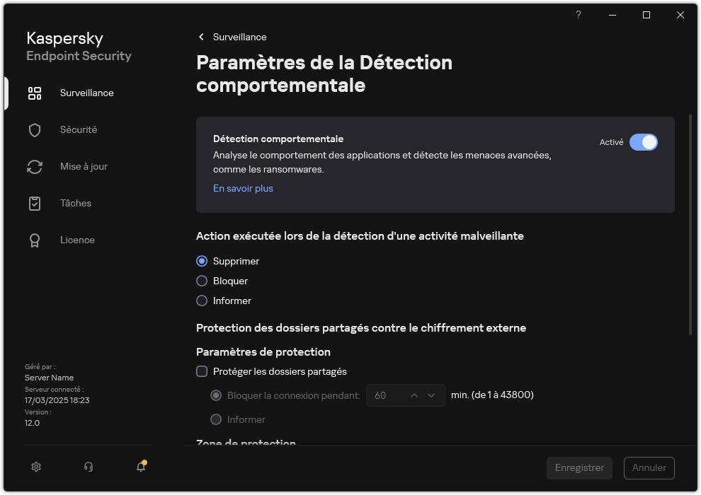 Fenêtre des paramètres de la Détection comportementale