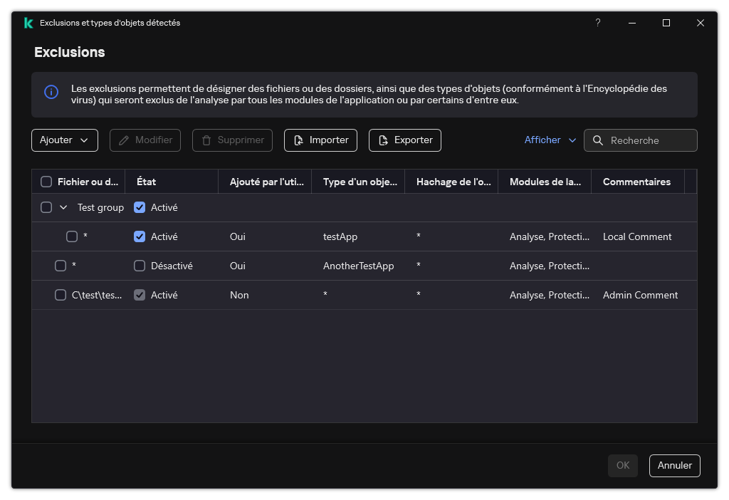 Une fenêtre avec la liste des exclusions. Les propriétés d'exclusion sont affichées. L'utilisateur peut ajouter, modifier ou supprimer des exclusions.