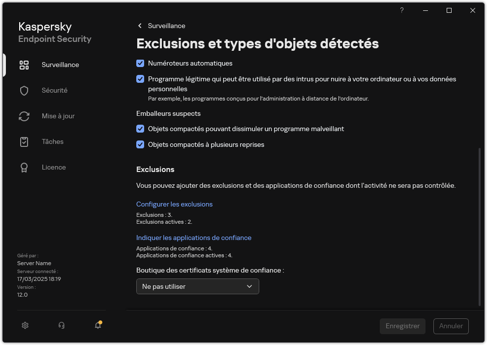 Fenêtre des paramètres d'exclusion. L'utilisateur peut ajouter des exclusions et des applications de confiance.