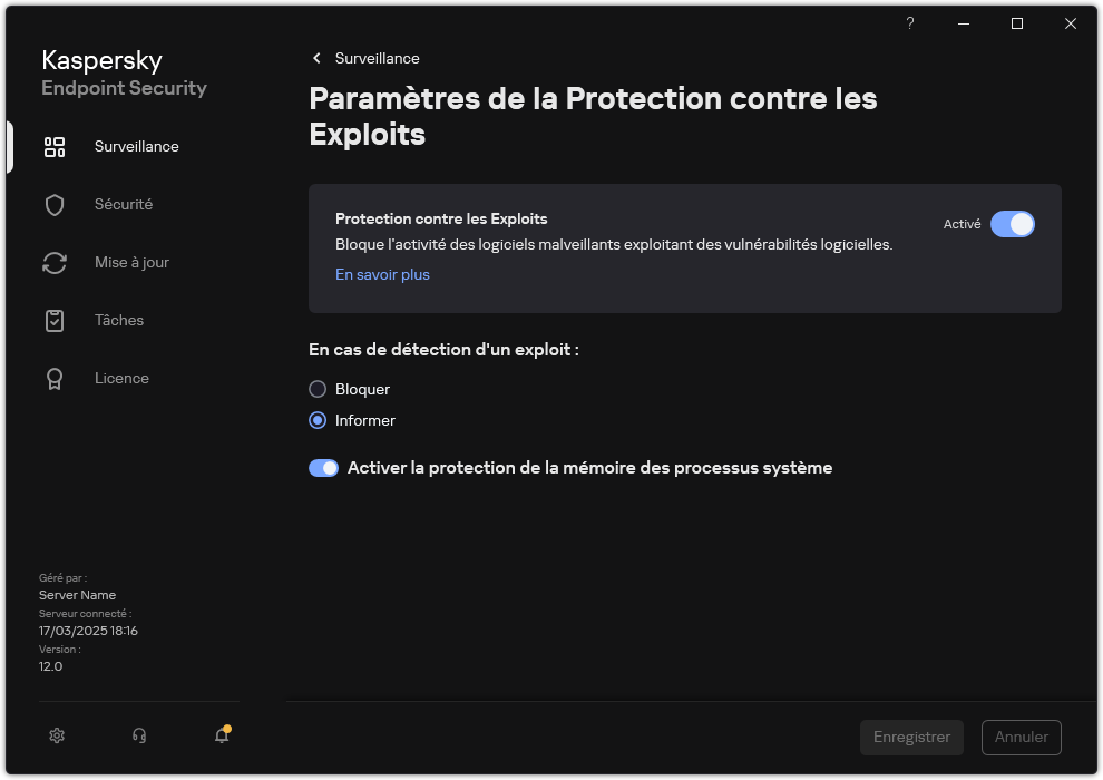 Fenêtre des paramètres de protection contre les exploits