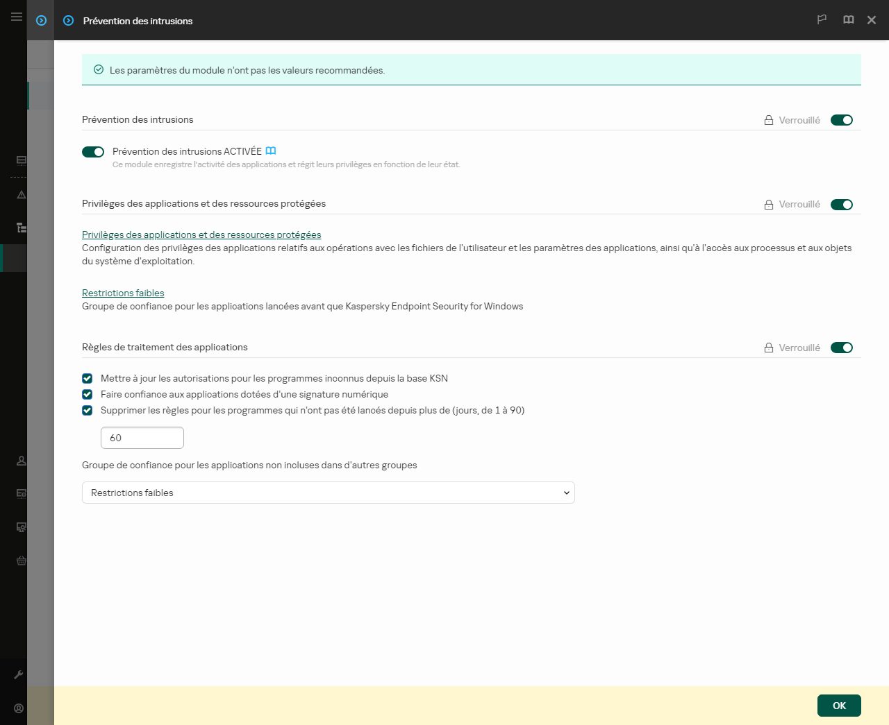 Fenêtre des paramètres de la Prévention des intrusions