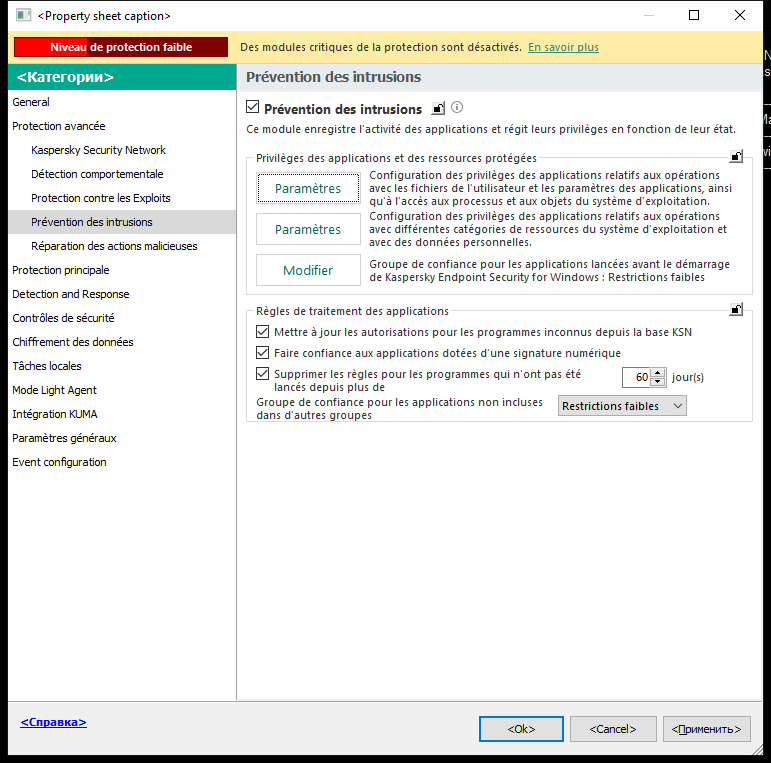 Fenêtre des paramètres de la Prévention des intrusions