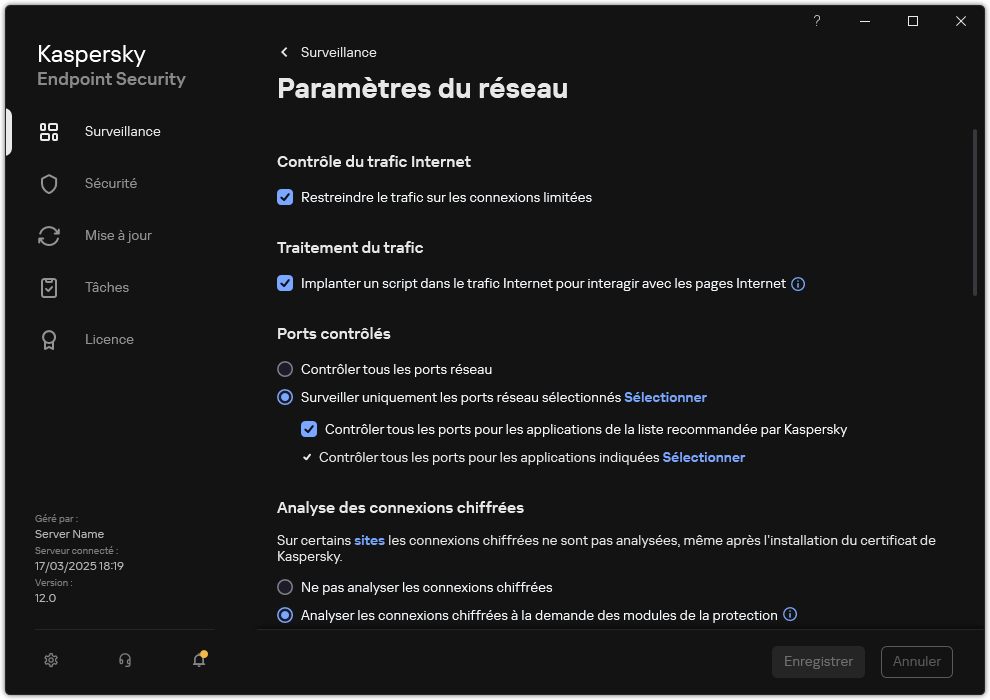 Fenêtre des paramètres réseau des applications.