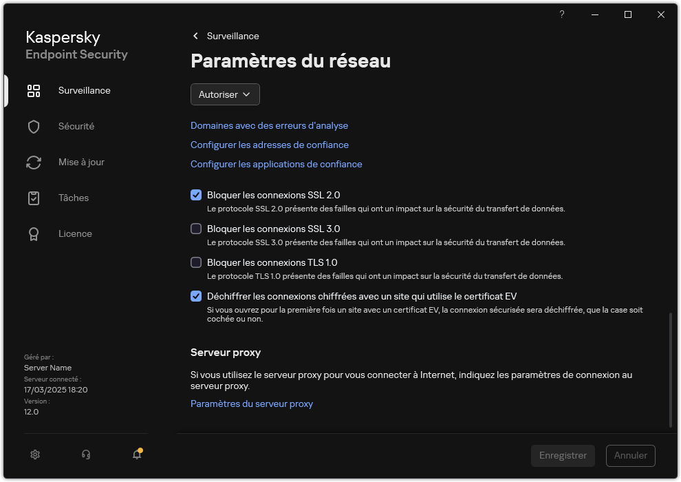 Fenêtre des paramètres réseau des applications.