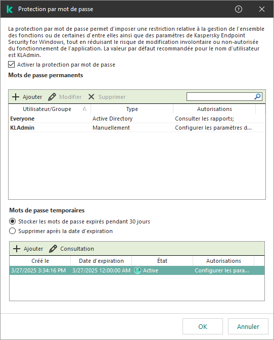 Fenêtre Gestion des mots de passe temporaires.