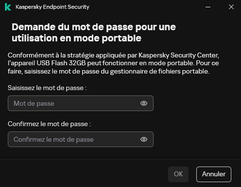 La fenêtre contient des champs pour saisir et confirmer le mot de passe.