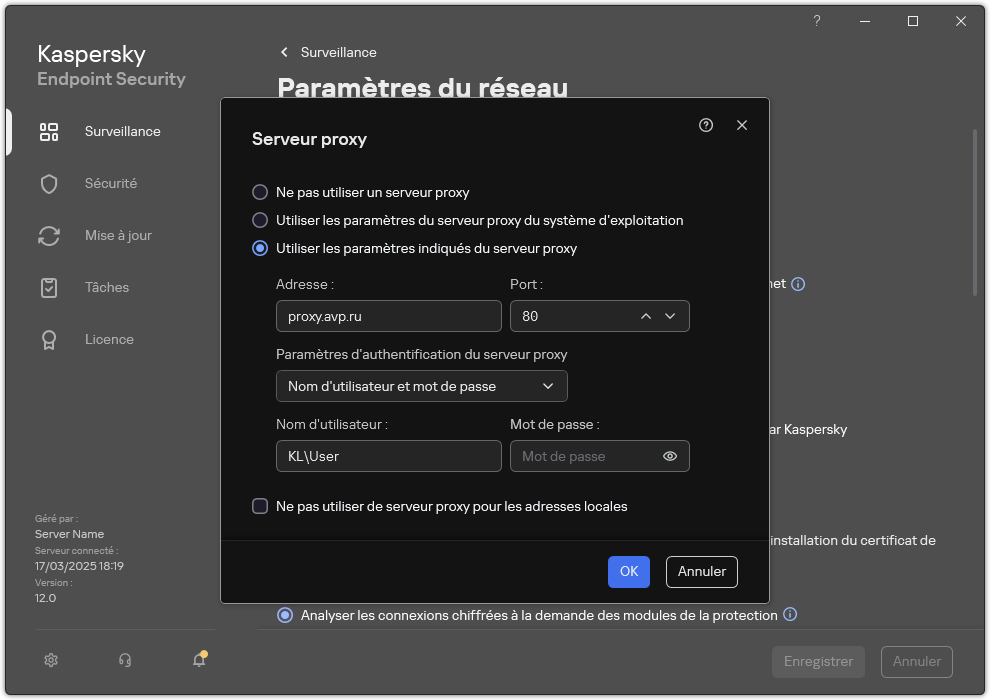 La fenêtre de configuration de la connexion au serveur proxy. L'utilisateur peut définir l'adresse du serveur proxy et les identifiants pour se connecter au serveur proxy.