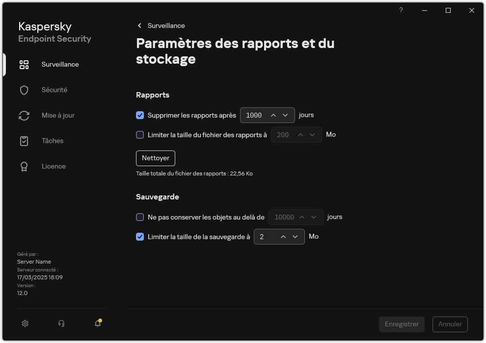 Fenêtre des paramètres des rapports et du stockage. L'utilisateur peut définir la taille, et limiter la durée de stockage des rapports et des objets dans le stockage.