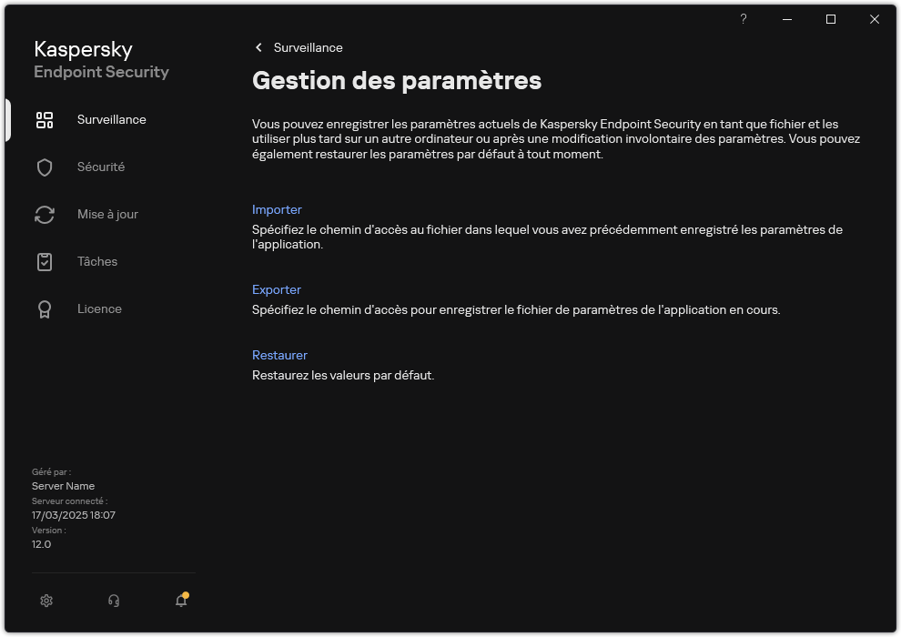 Fenêtre des paramètres d'exclusion. L'utilisateur peut exporter, importer ou restaurer les paramètres de l'application.