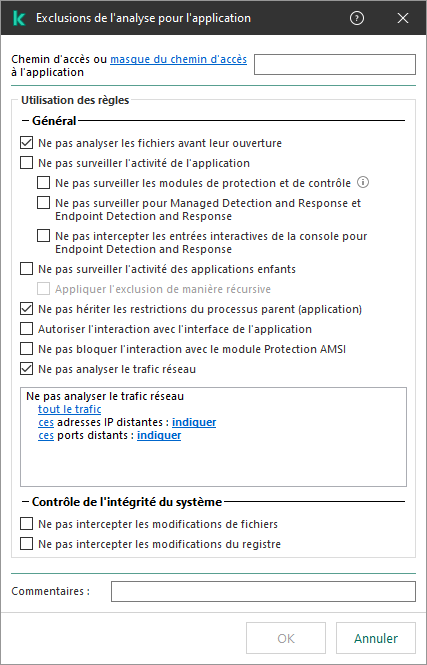 Une fenêtre avec un champ pour saisir le chemin d'accès à un fichier ou à un dossier. Des masques peuvent être utilisés.