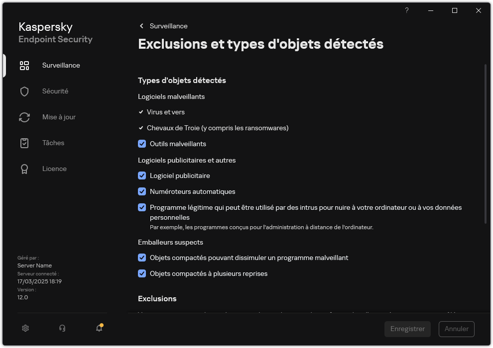 Fenêtre des paramètres d'exclusion. L'utilisateur peut sélectionner les types d'objets détectés et ajouter des objets aux exclusions.