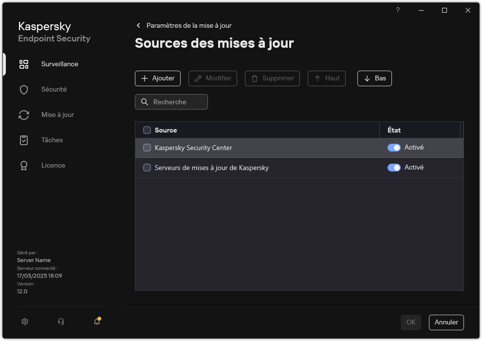 Une fenêtre avec la liste des sources de mises à jour. L'utilisateur peut ajouter des sources de mises à jour et attribuer une priorité à la source.