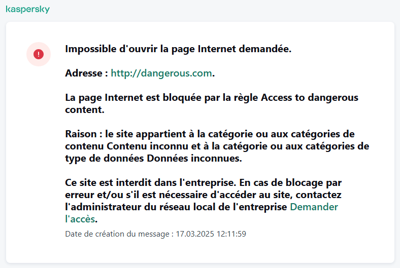 Notification de Kaspersky sur l'interdiction d'accès à la page Internet dans la fenêtre du navigateur. L'utilisateur peut créer une demande d'accès à la ressource Internet.