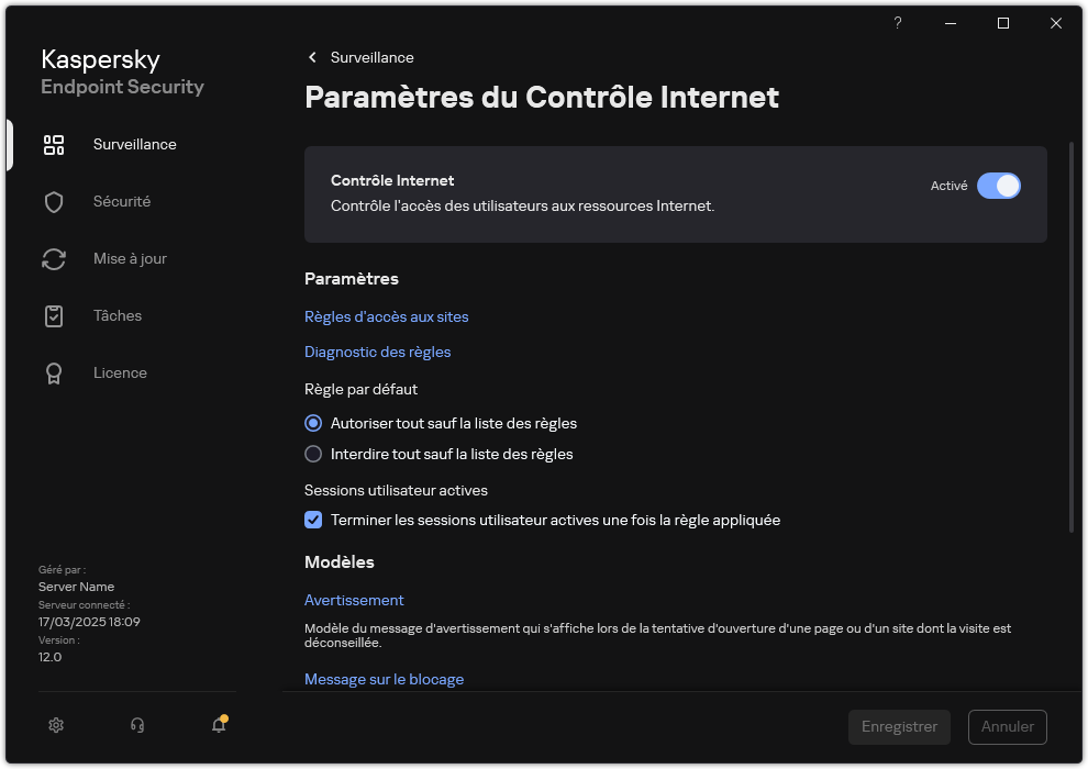 Fenêtre des paramètres du Contrôle Internet.