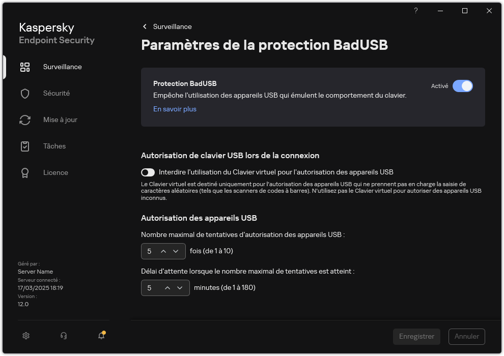 Fenêtre des paramètres de la protection BadUSB.