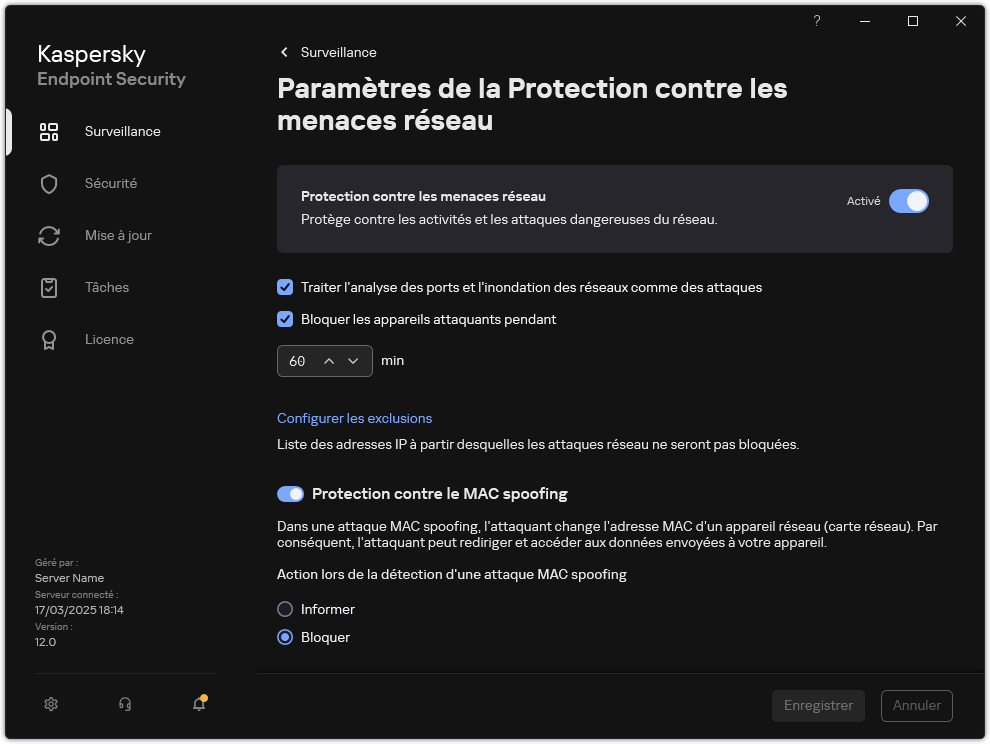 Fenêtre des paramètres de la Protection contre les menaces réseau