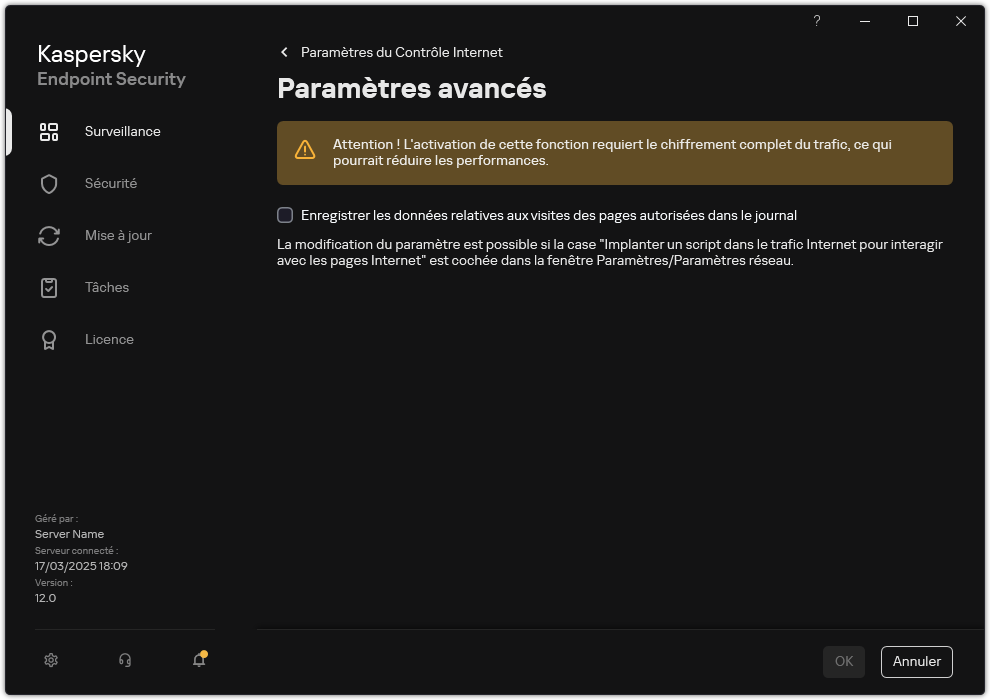 Fenêtre des paramètres avancés du Contrôle Internet.