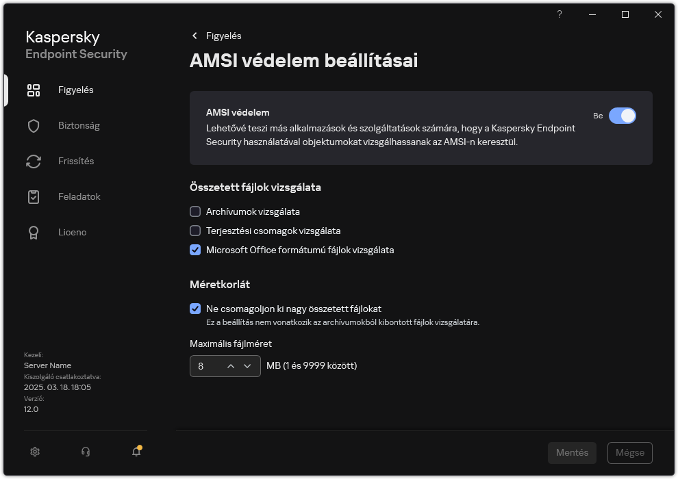 AMSI védelem beállításai ablak.