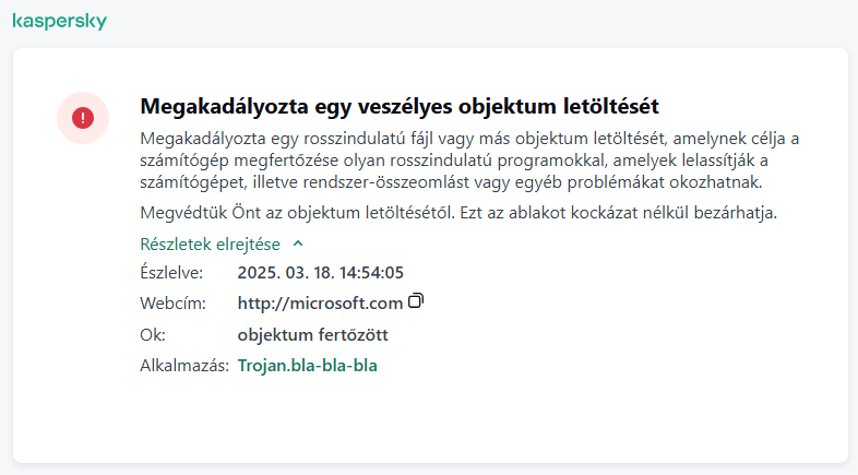 Kaspersky-értesítés a rosszindulatú objektumok böngészőablakban történő betöltésének megakadályozásáról.