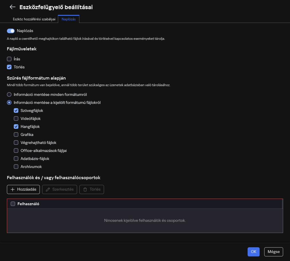 A cserélhető meghajtók használatával kapcsolatos események naplózásának konfigurálására szolgáló ablak. A felhasználó kiválaszthatja a naplózandó eseményeket.