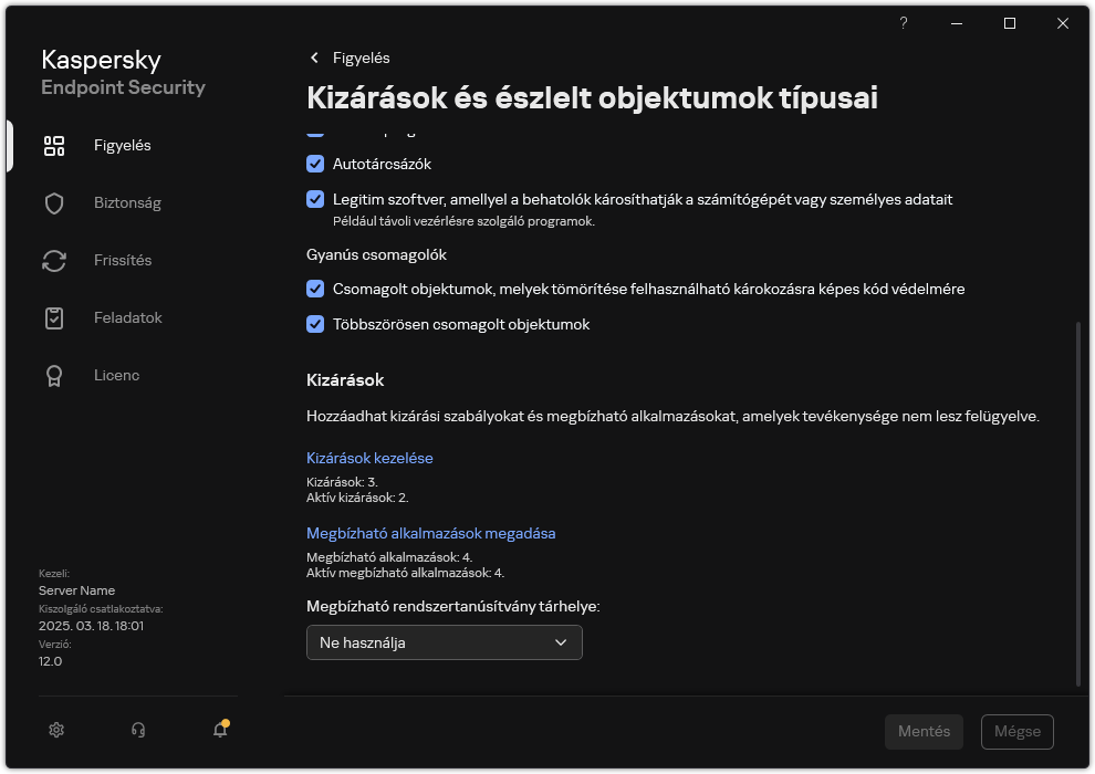 Kizárási beállítások ablak. A felhasználó kizárásokat és megbízható alkalmazásokat adhat hozzá.