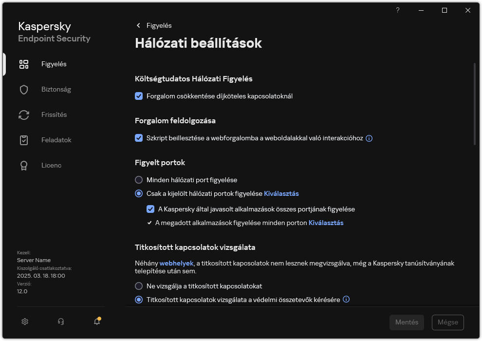 Alkalmazások hálózati beállításainak ablaka.