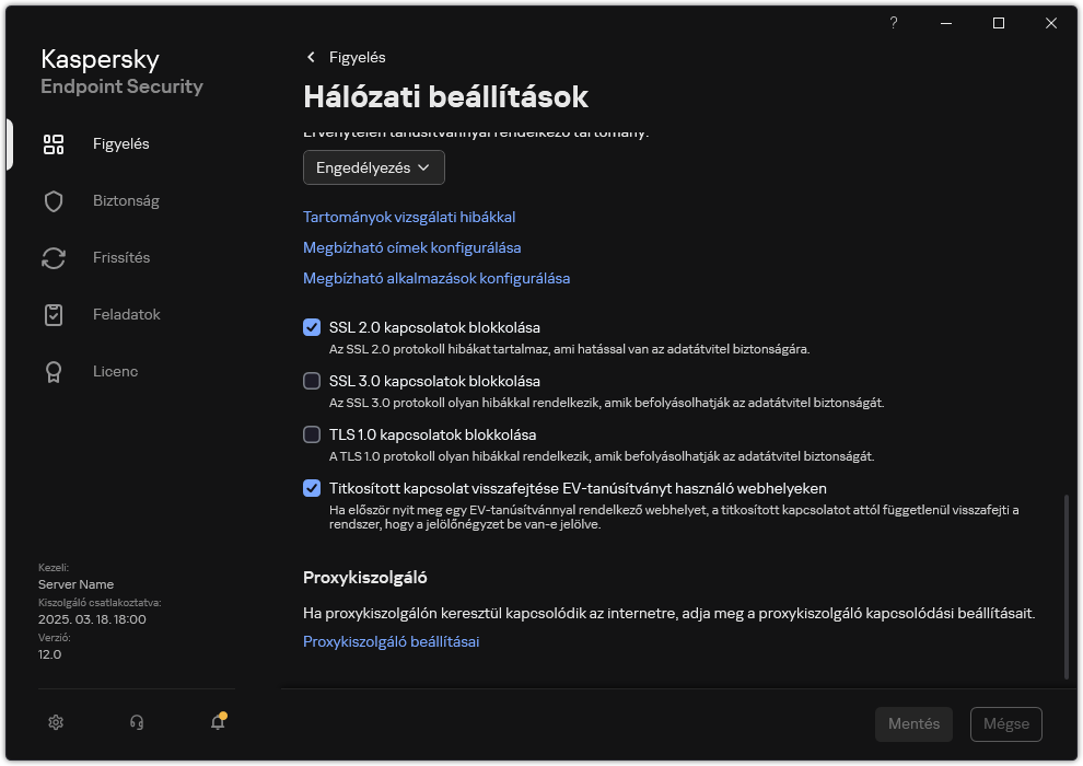 Alkalmazások hálózati beállításainak ablaka.