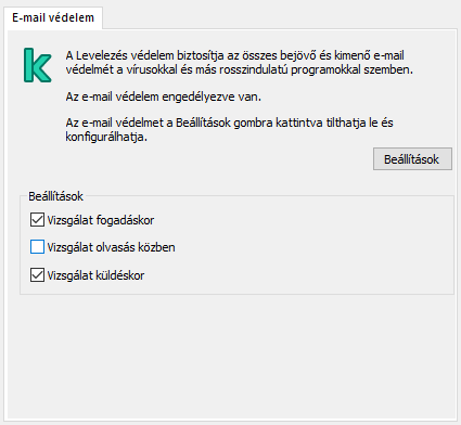 Kaspersky-bővítmény Outlookhoz ablak. A felhasználó beállíthatja, hogy az üzeneteket a rendszer fogadáskor, olvasáskor vagy küldéskor vizsgálja.