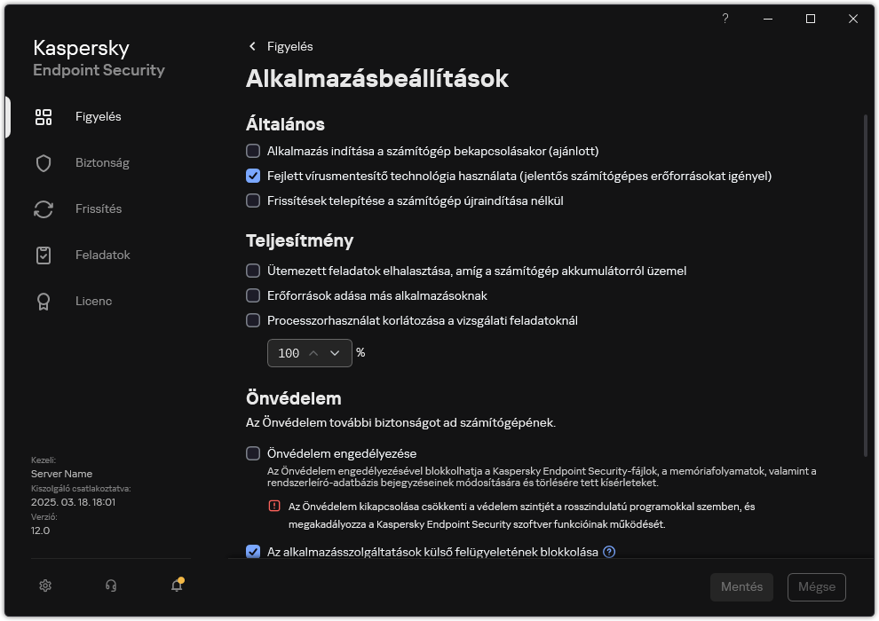 Alkalmazásbeállítások ablak. A felhasználó konfigurálhatja a teljesítményt, az önvédelmet és az egyéb beállításokat.