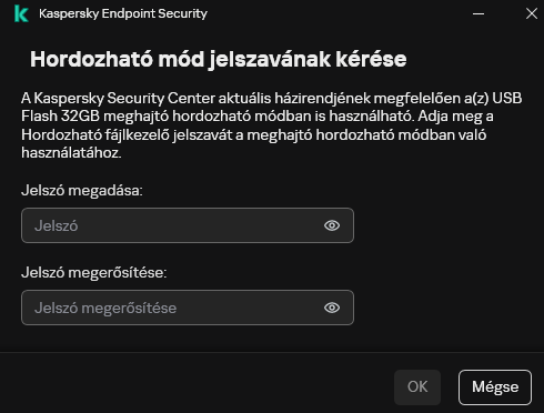 Az ablak mezőket tartalmaz a jelszó megadásához és megerősítéséhez.
