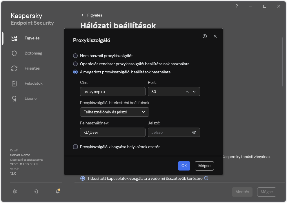 A proxykiszolgáló kapcsolat konfigurálására szolgáló ablak. A felhasználó beállíthatja a proxykiszolgáló címét és a proxykiszolgálói csatlakozáshoz szükséges hitelesítési adatokat.