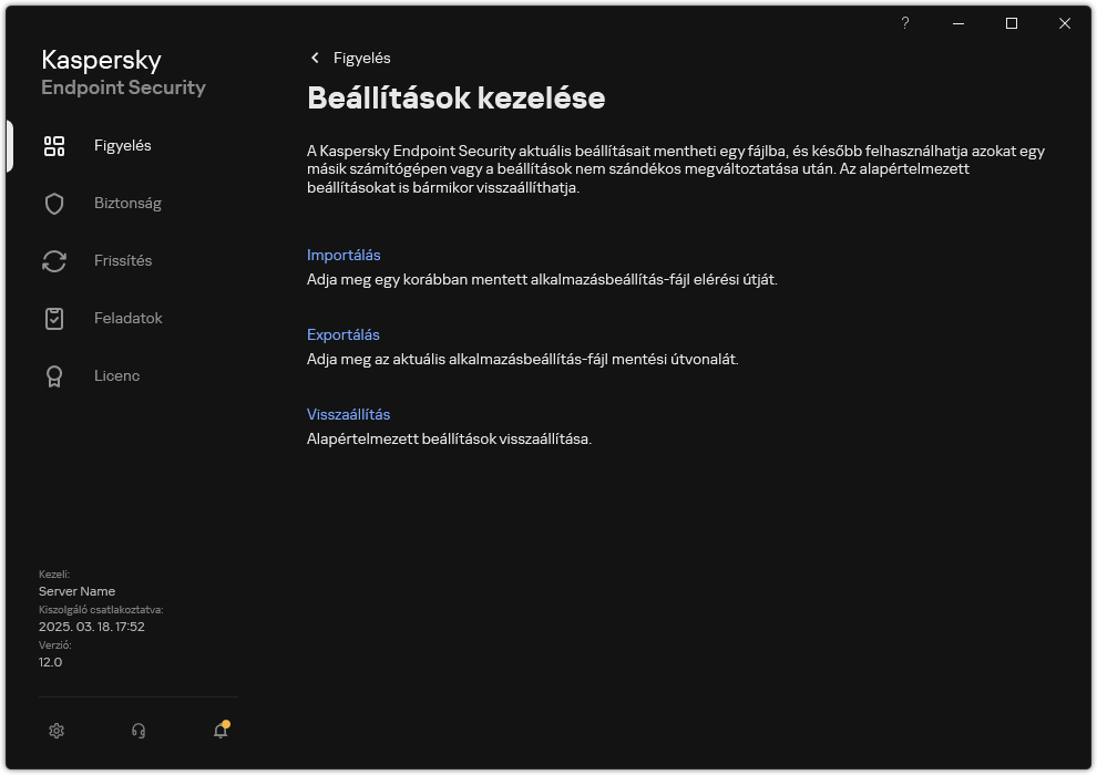Kizárási beállítások ablak. A felhasználó exportálhatja, importálhatja vagy visszaállíthatja az alkalmazás beállításait.