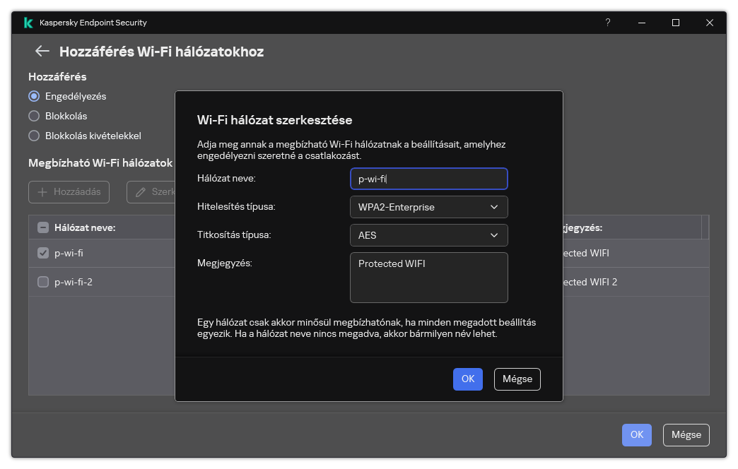 Az ablak a megbízható Wi-Fi hálózat beállításait tartalmazza.
