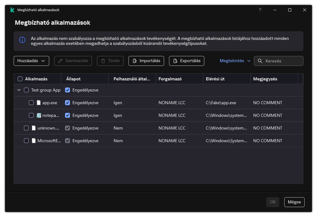 Egy ablak a megbízható alkalmazások listájával. A felhasználó hozzáadhat, szerkeszthet vagy eltávolíthat megbízható alkalmazásokat.