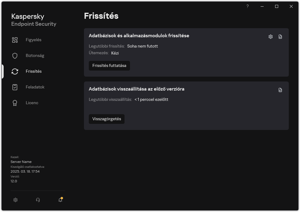 Egy ablak a helyi frissítési feladatok listájával. A felhasználó elindíthatja az adatbázisok és alkalmazásmodulok frissítését, valamint visszaállíthatja az utolsó frissítést.