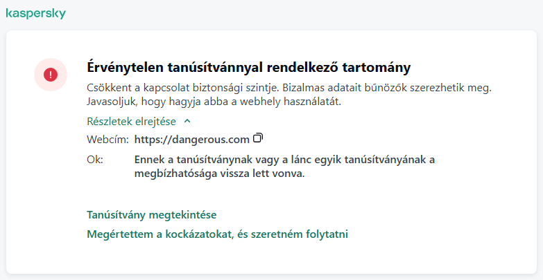 Kaspersky-értesítés egy nem megbízható tanúsítvánnyal rendelkező tartomány felkereséséről a böngészőablakban. A felhasználó folytathatja a munkát.