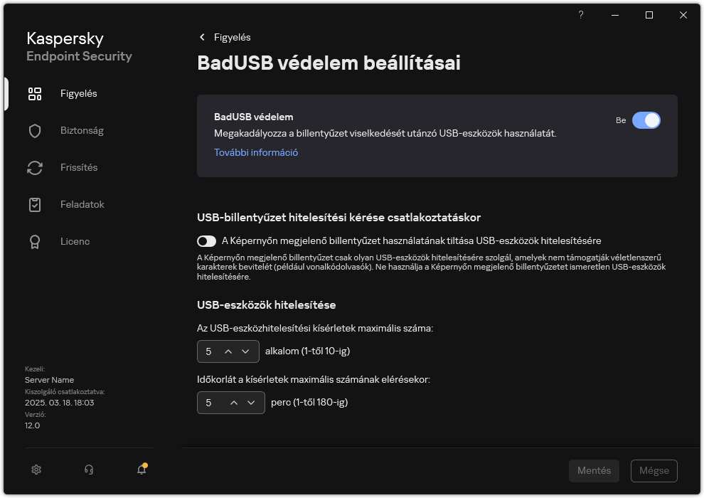 A BadUSB védelem beállításai ablak.