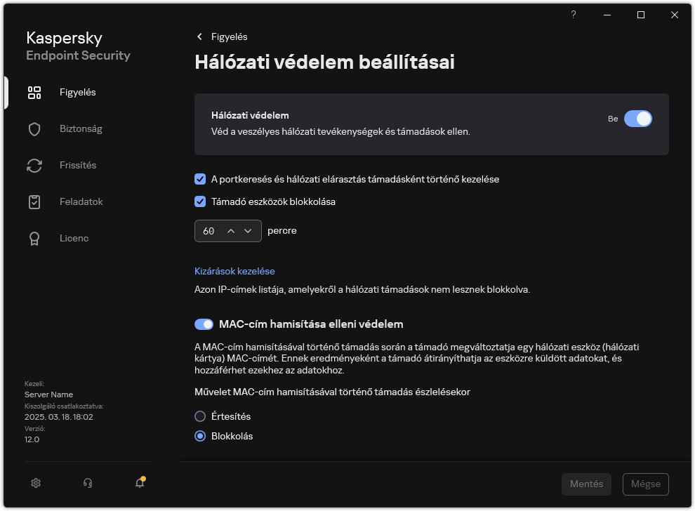 A Hálózati védelem beállításainak ablaka