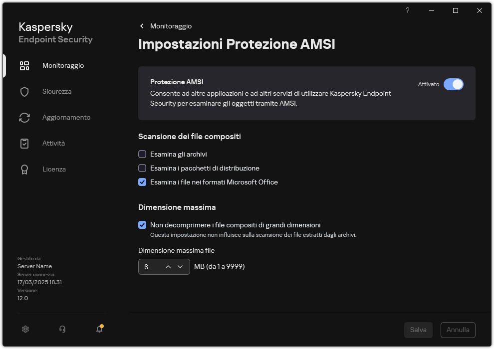 Finestra Impostazioni Protezione AMSI.