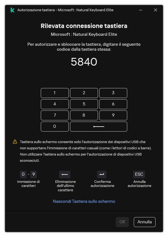 La finestra con il codice di autorizzazione della tastiera e Tastiera sullo schermo. L'utente può immettere il codice.