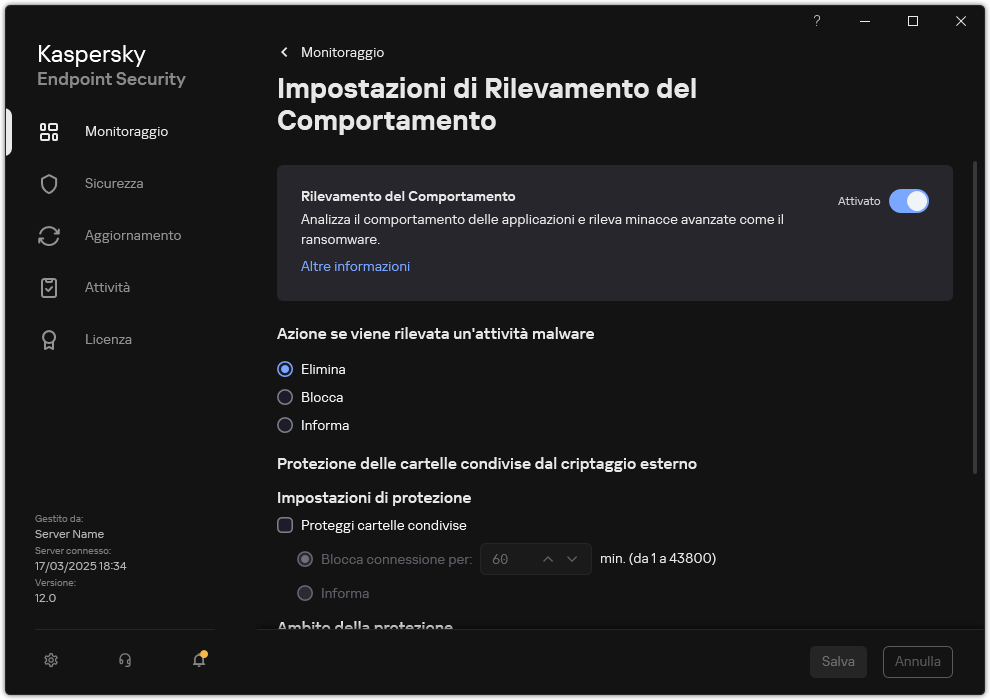 Finestra Impostazioni di Rilevamento del Comportamento.