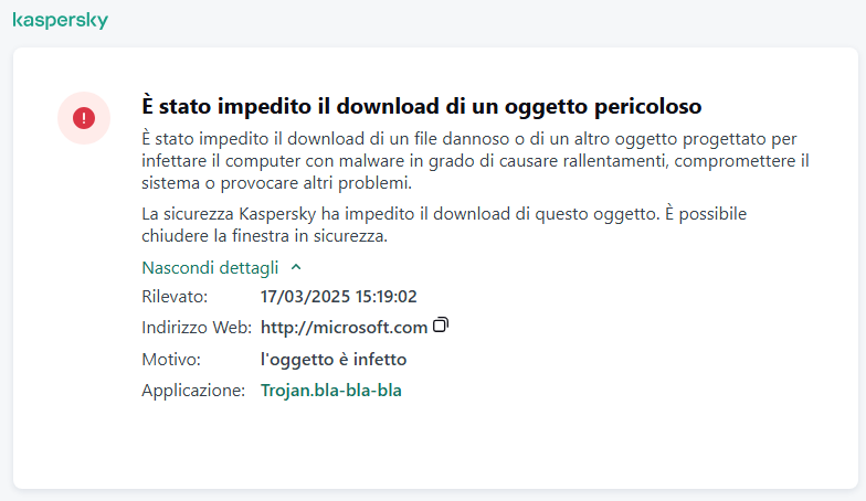 Notifica di Kaspersky sulla prevenzione del caricamento di oggetti dannosi nella finestra del browser.