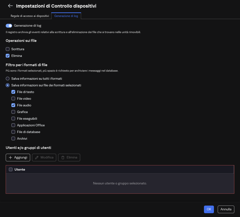 La finestra per la configurazione della registrazione degli eventi relativi all'utilizzo delle unità rimovibili. L'utente può selezionare gli eventi da registrare.