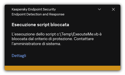 Notifica sull'esecuzione di script bloccati. L'utente può visualizzare informazioni dettagliate sulla regola.
