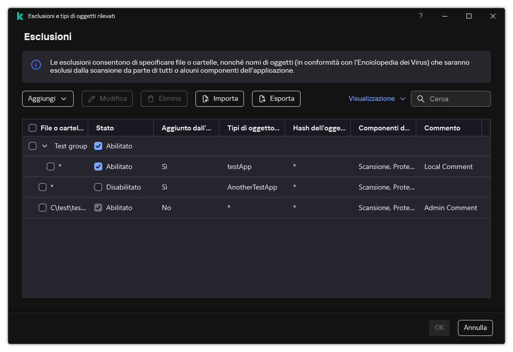 Una finestra con l'elenco delle esclusioni. Vengono visualizzate le proprietà di esclusione. L'utente può aggiungere, modificare o eliminare le esclusioni.