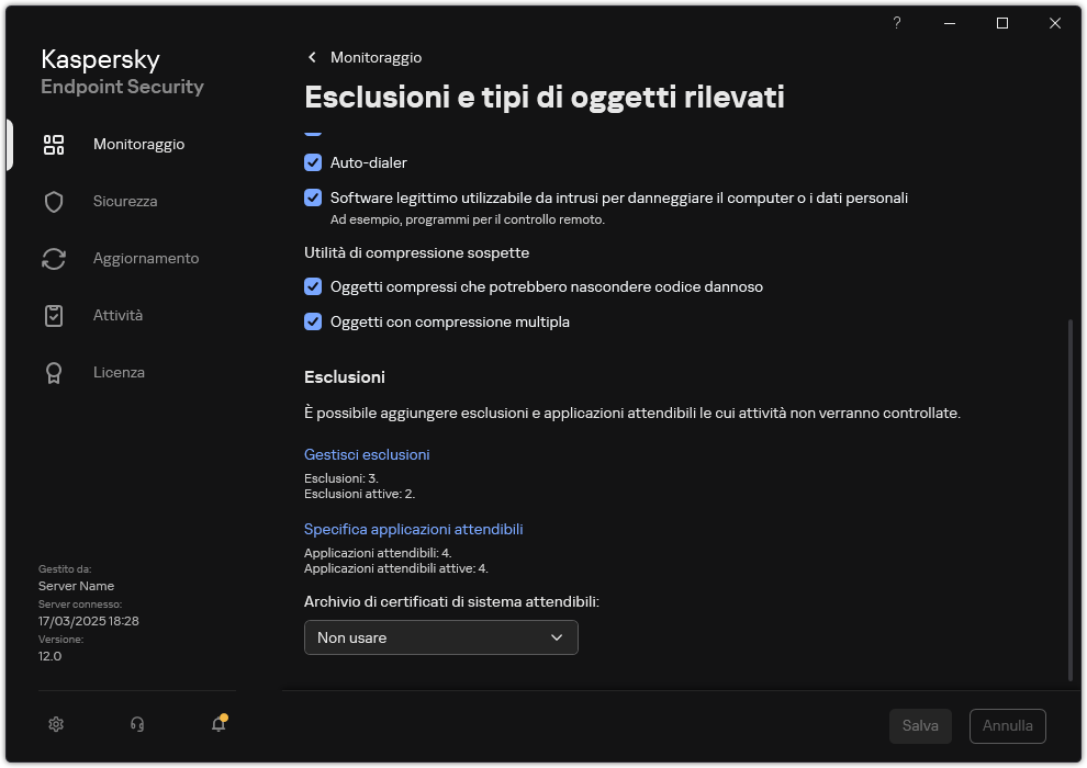 Finestra delle impostazioni di esclusione. L'utente può aggiungere esclusioni e applicazioni attendibili.