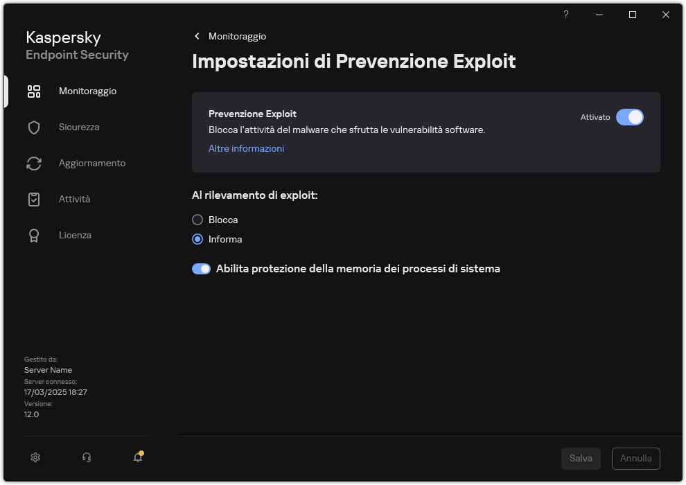 Finestra Impostazioni di Prevenzione Exploit