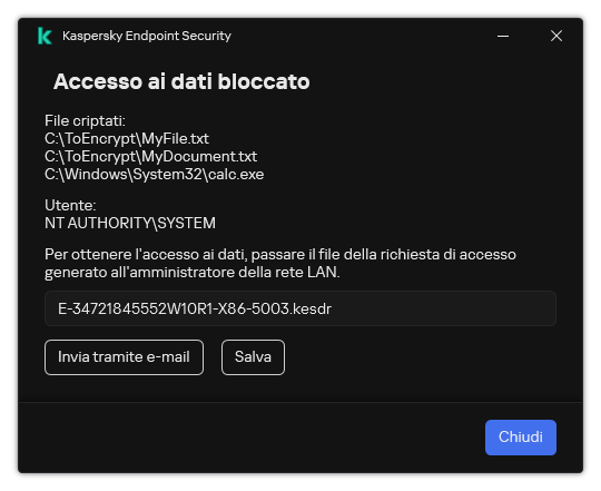 Una finestra con un file di richiesta per accedere ai dati criptati. L'utente può salvare il file generato su disco o inviarlo via e-mail.